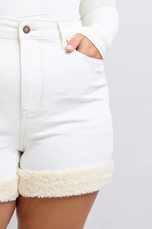 Full Size High Waist Shearling Cuff Denim Shorts Plus Size, image 2