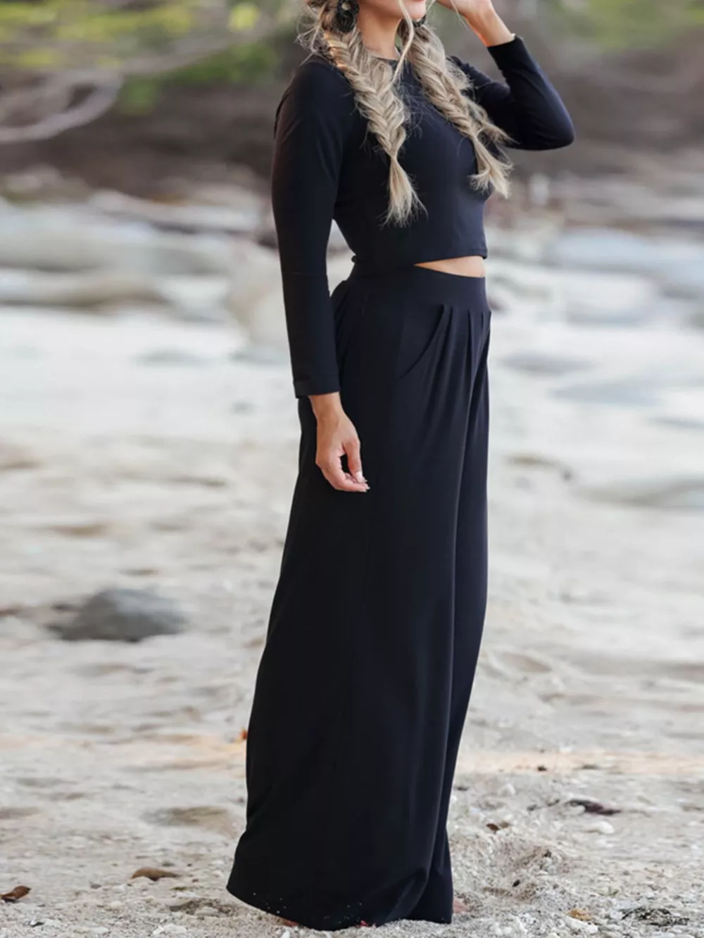 Long Sleeve Crop Top and Wide-Leg Pants Set, image 3