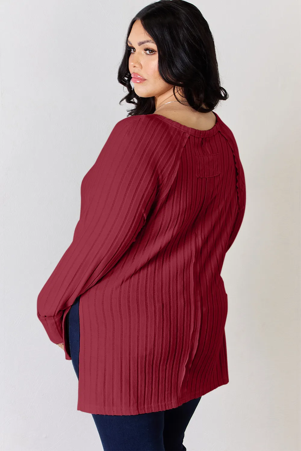 Full Size Ribbed Round Neck Slit T-Shirt, image 2