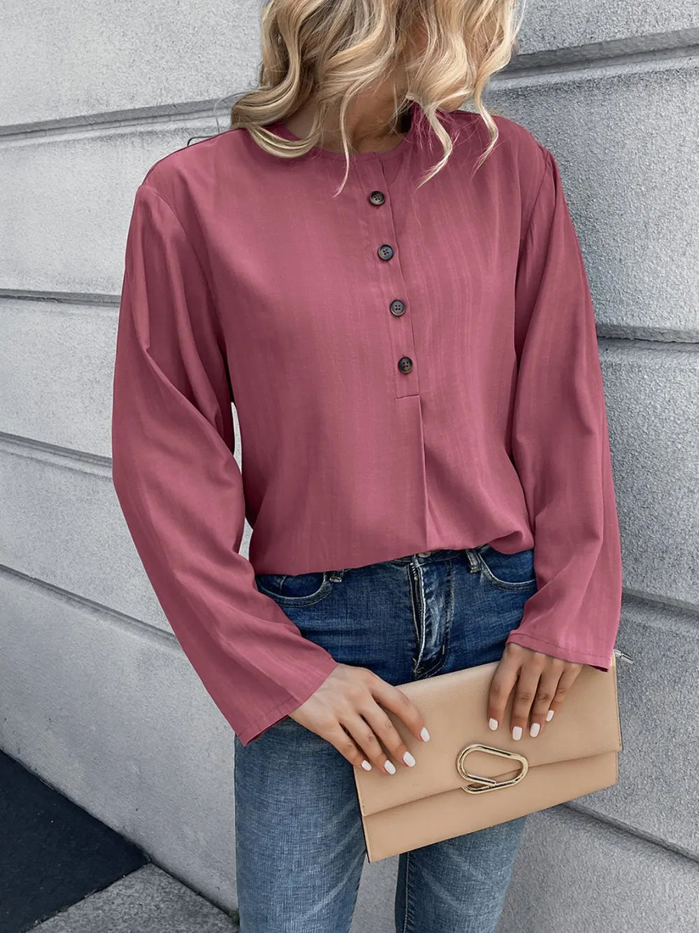 Half Button Long Sleeve Blouse, image 10