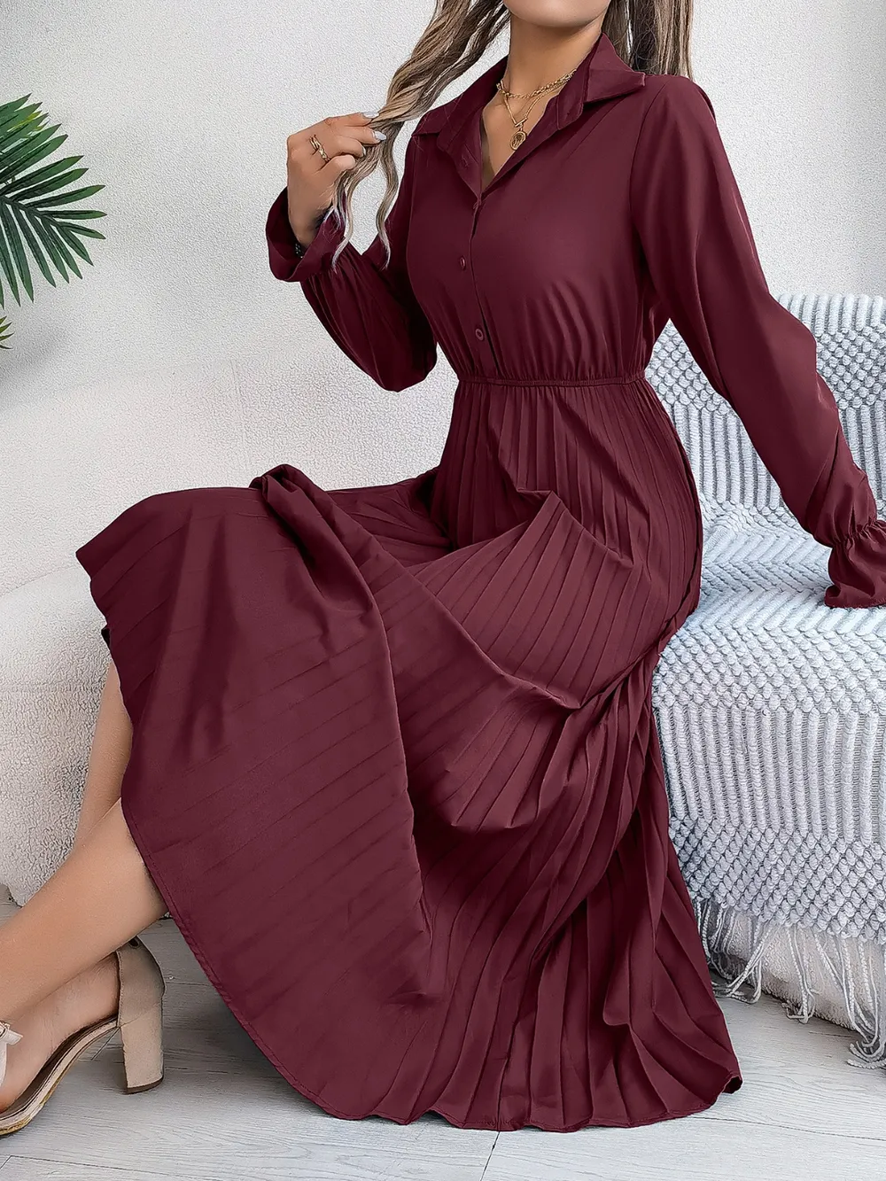 Pleated Half Button Long Sleeve Midi Dress, image 2