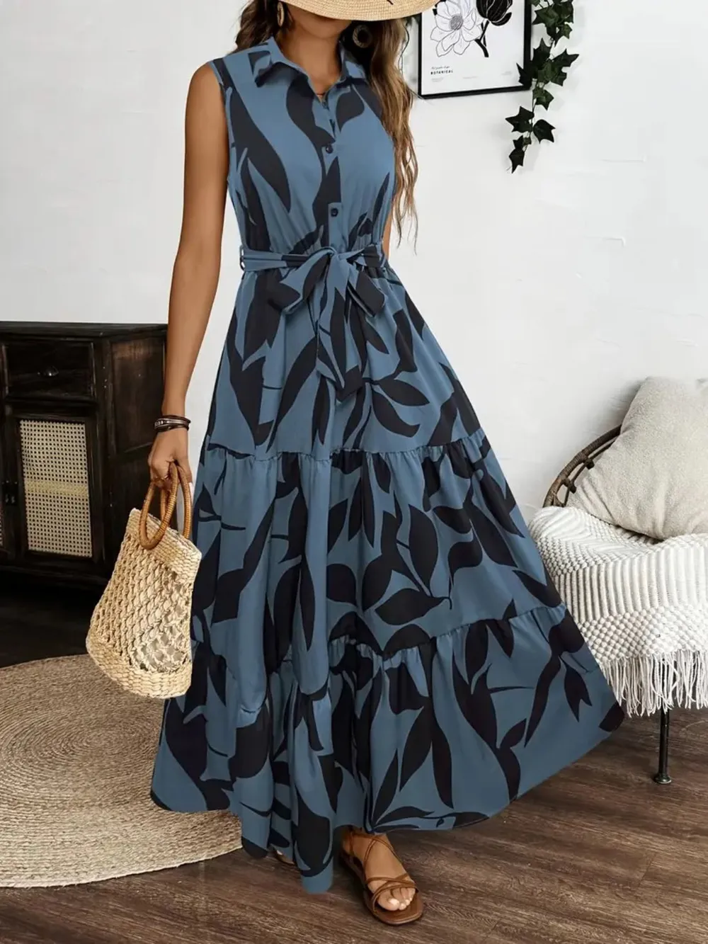 Printed Tie Waist Sleeveless Maxi Dress, image 2