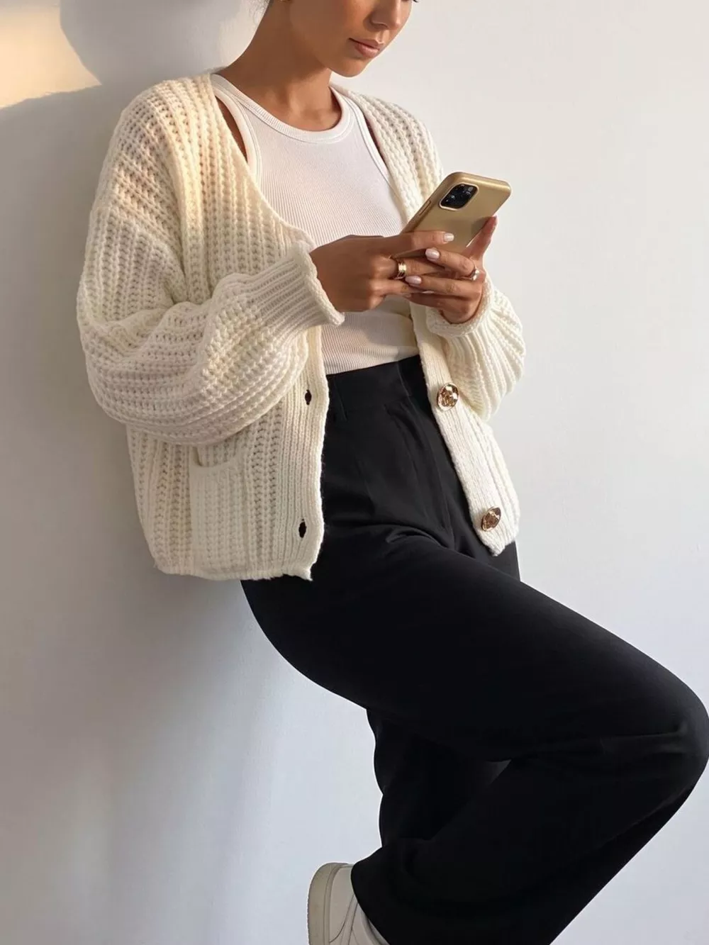 Ribbed Knit Cardigan with Gold-Tone Buttons, image 5
