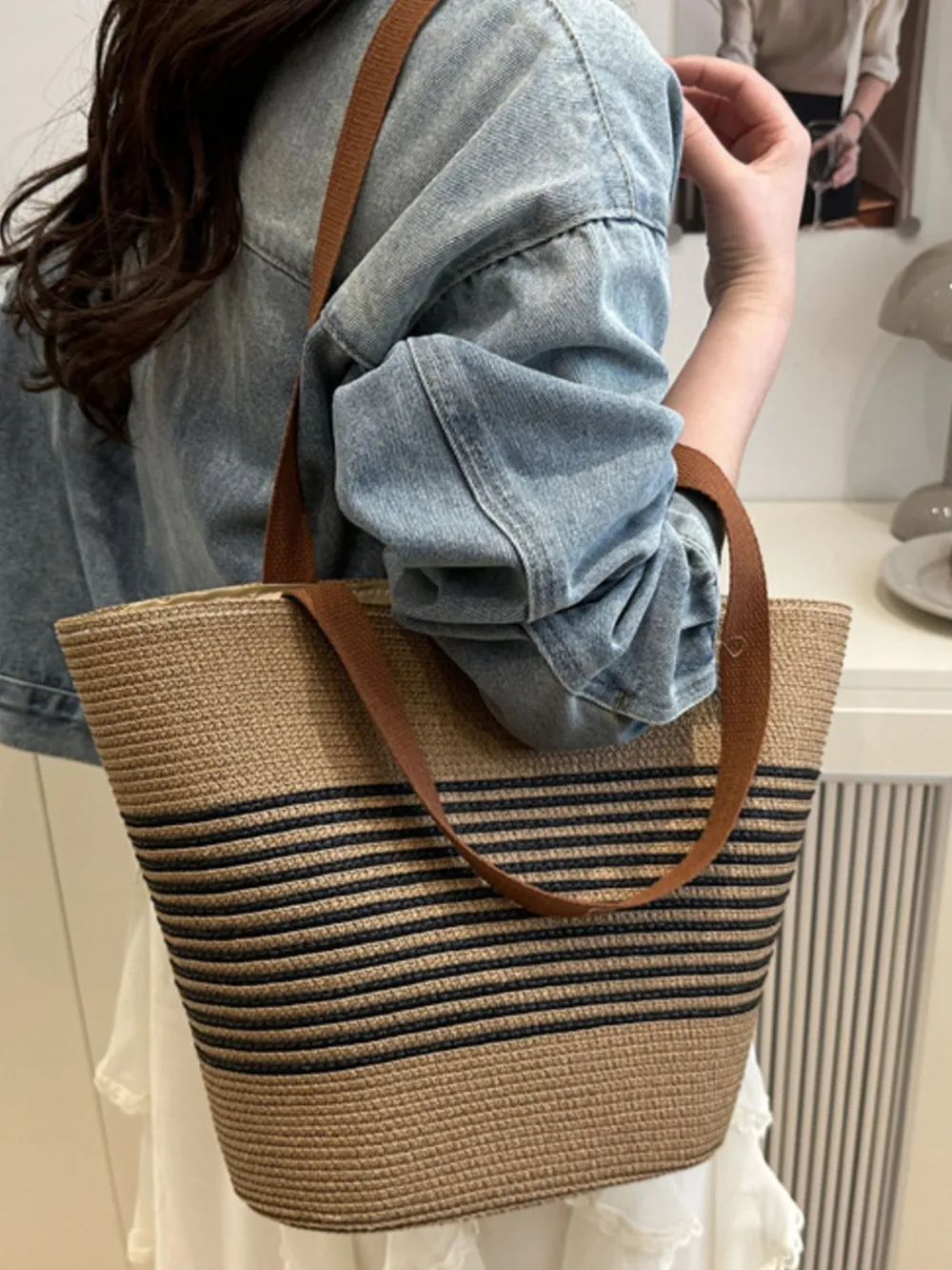 Striped Woven Tote Bag, image 2