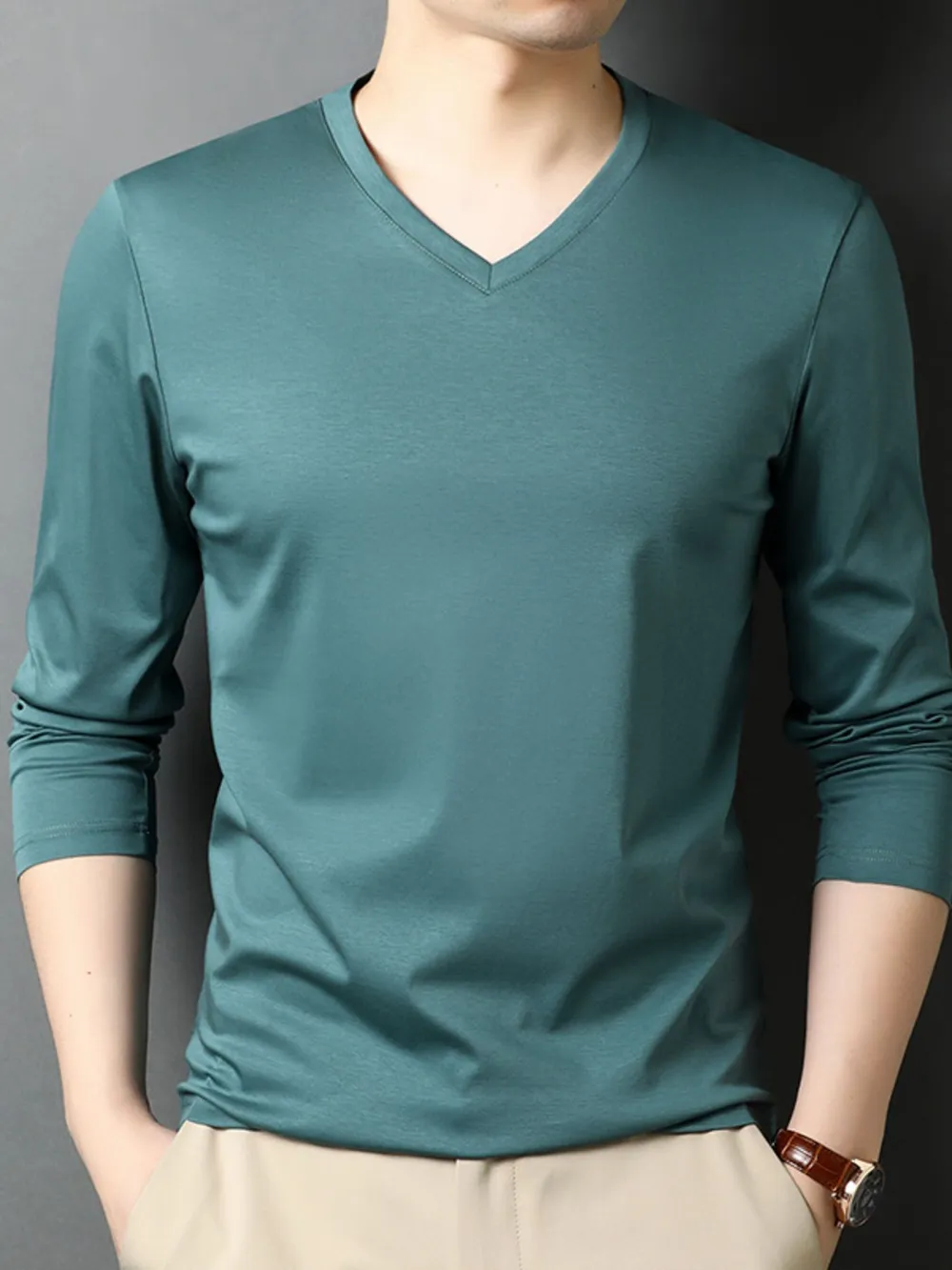 Men's V-Neck Long Sleeve T-Shirt, image 2