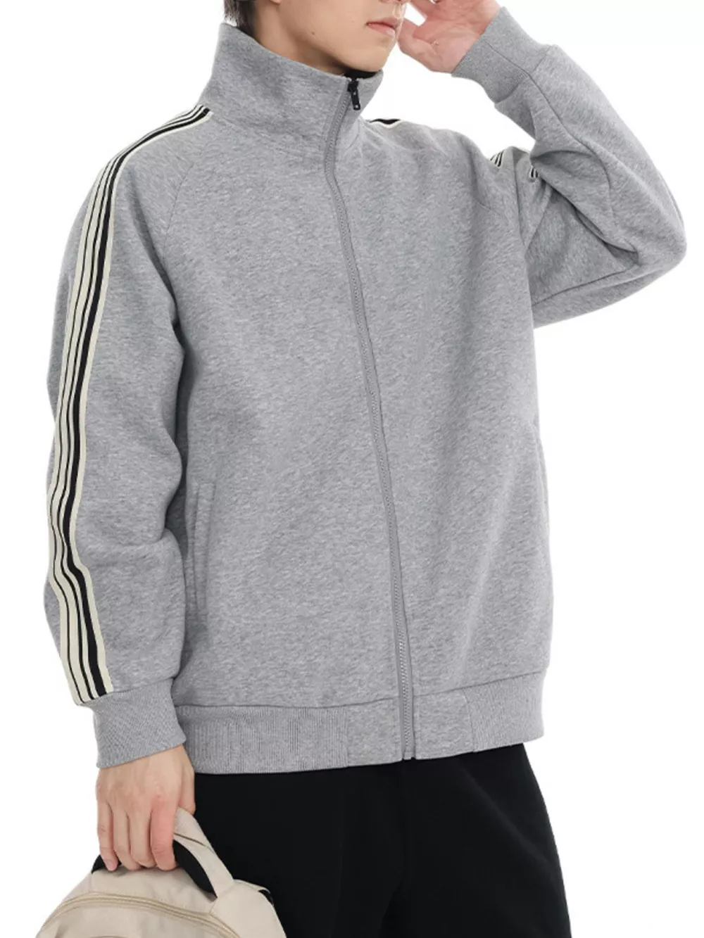 Men's Plus Size Striped Sleeve Zip-Up Sweatshirt, image 6