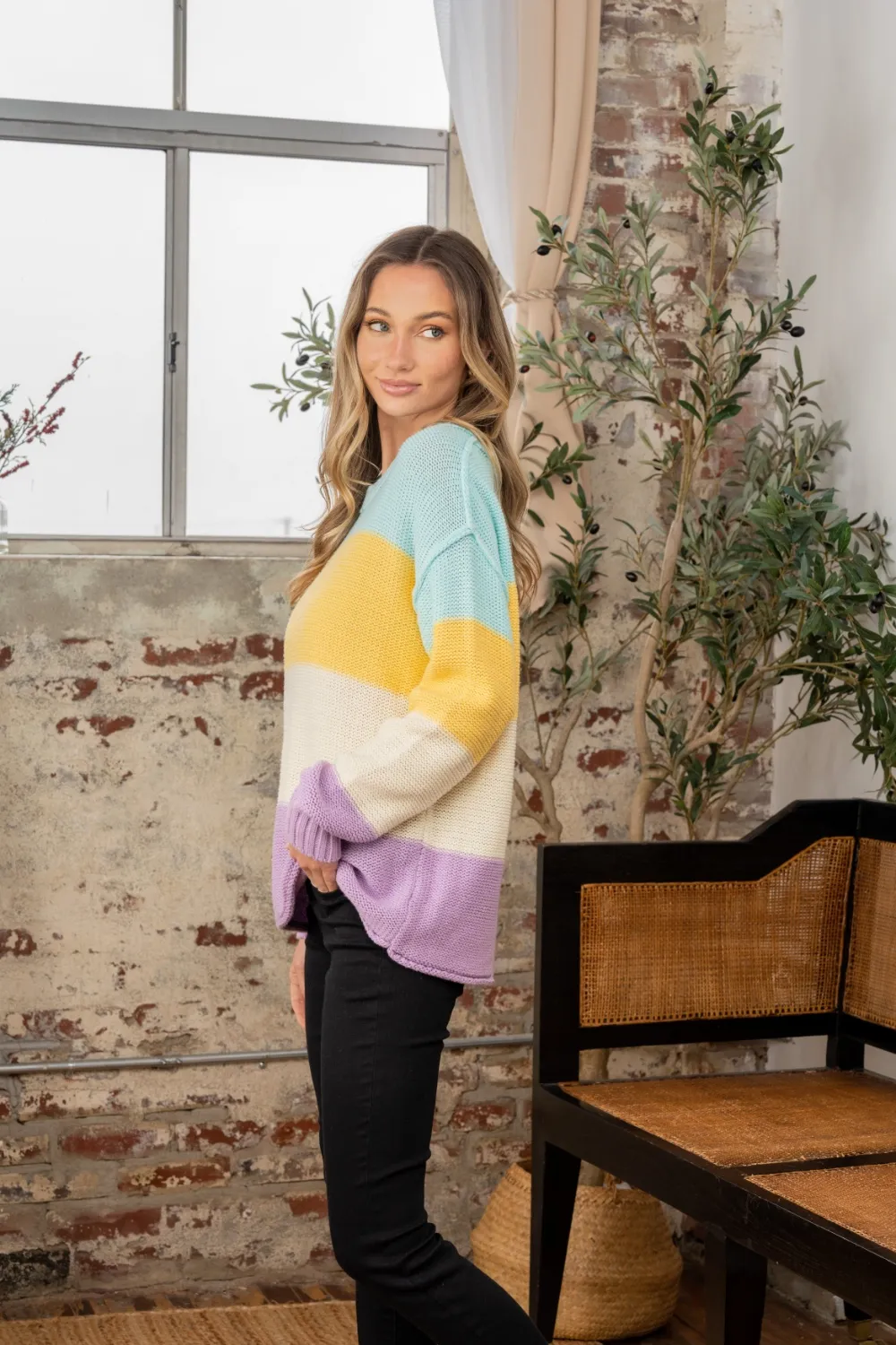 Full Size Color Block Exposed Seam Sweater, image 3