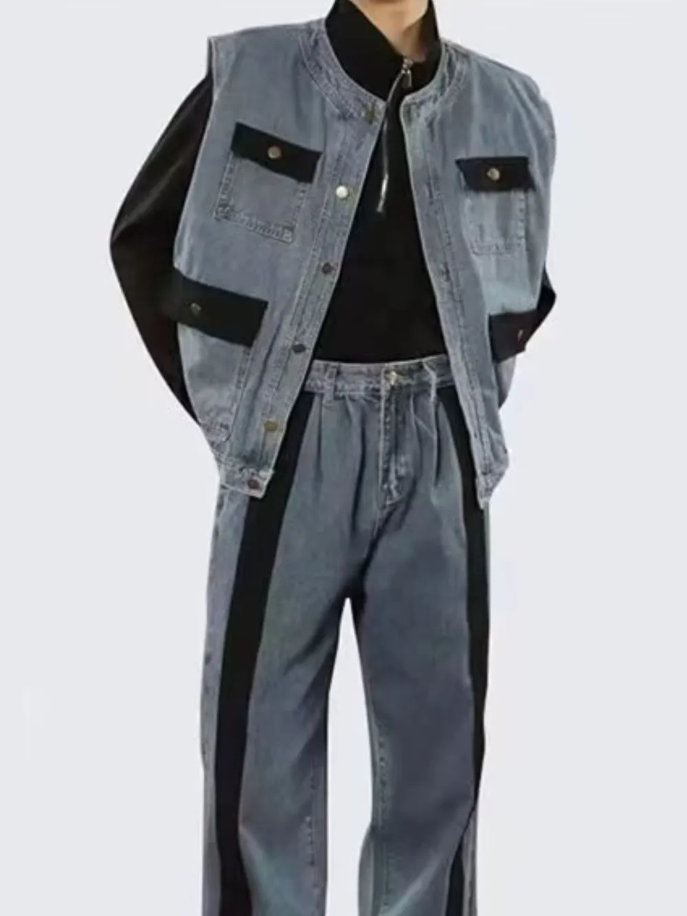 Men's Plus Size Button Up Vest and Pants Denim Set, image 3