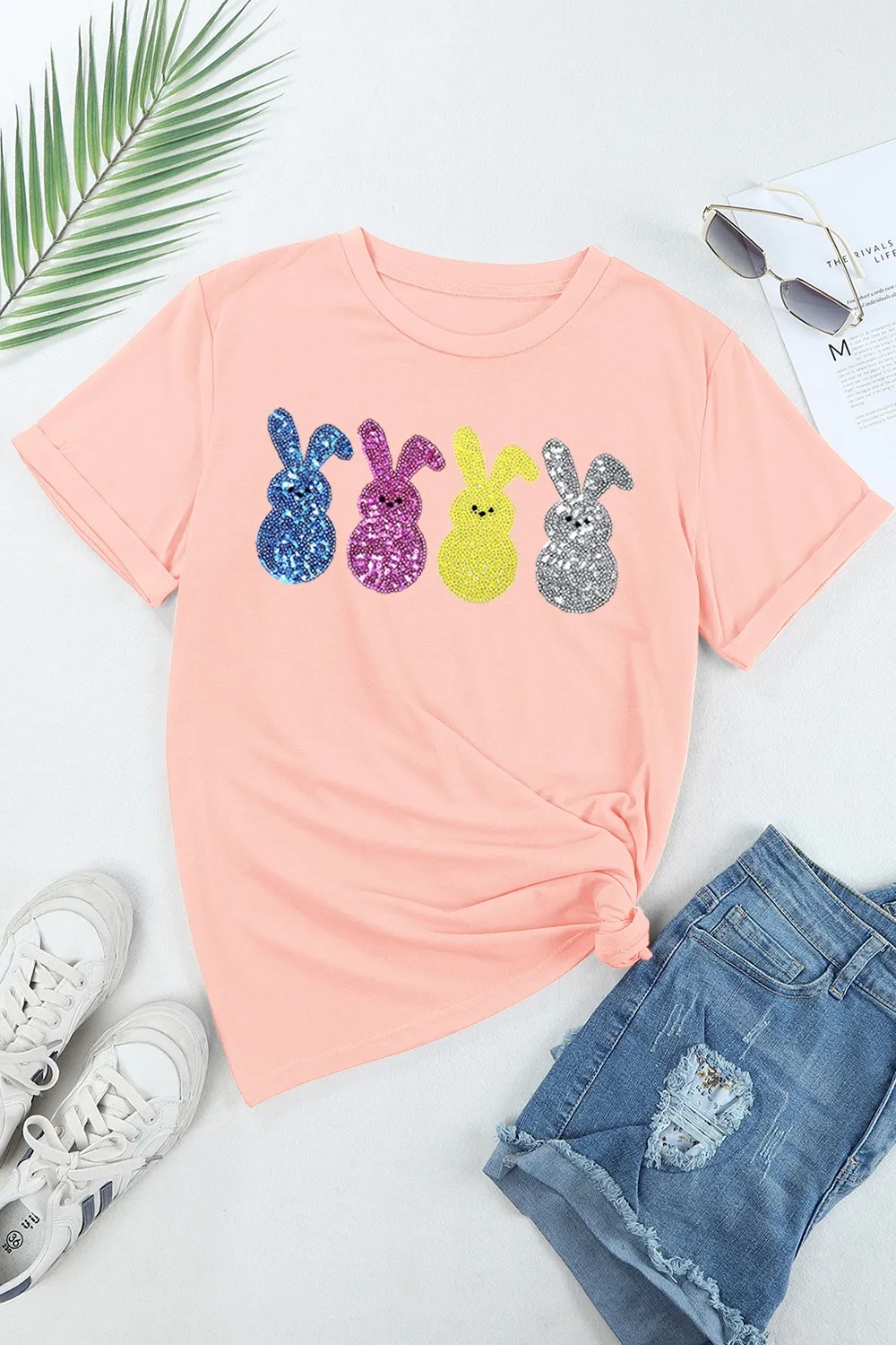 Sequin Bunny Round Neck Short Sleeve T-Shirt, image 2