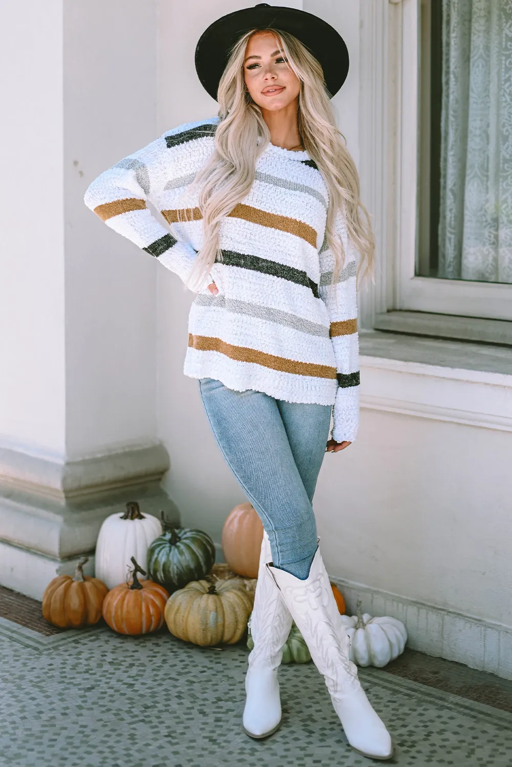 Striped Round Neck Dropped Shoulder Sweater, image 4