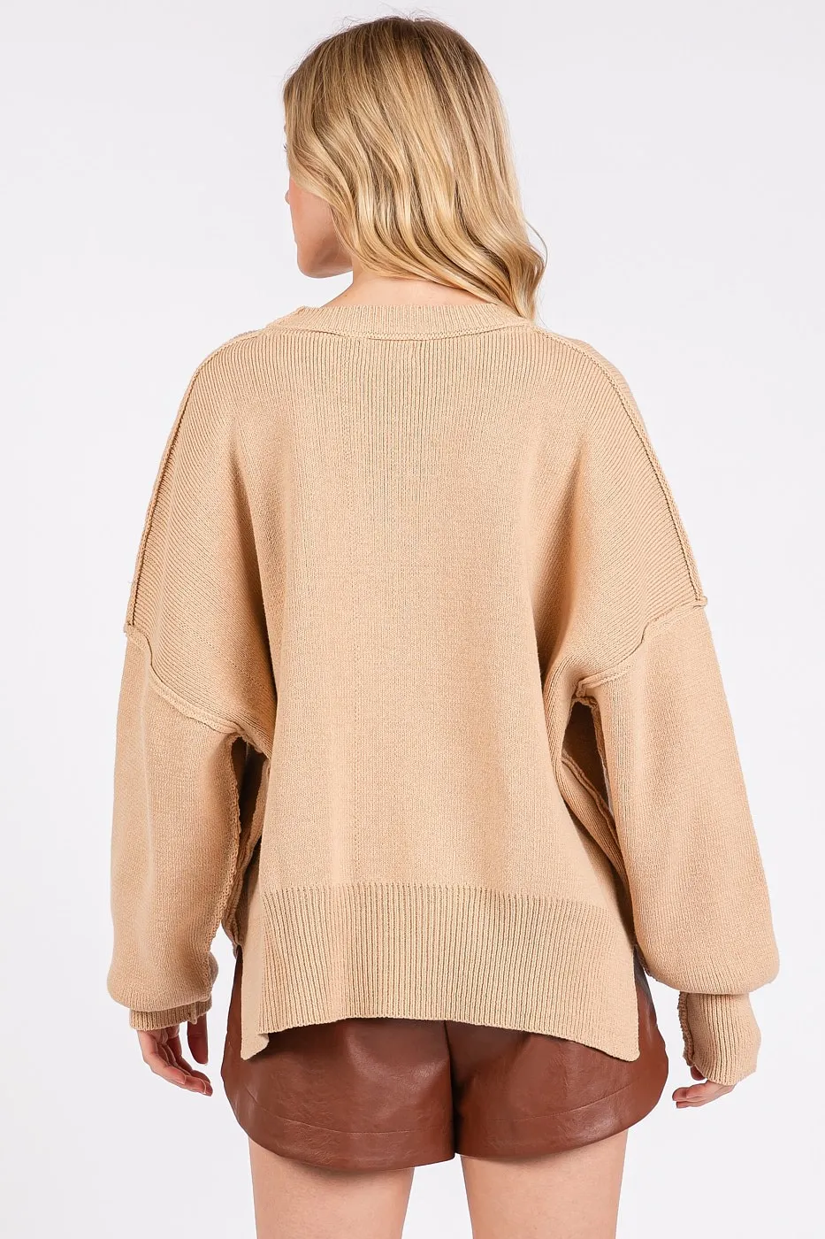 Side Slit Round Neck Drop Shoulder Sweater, image 2