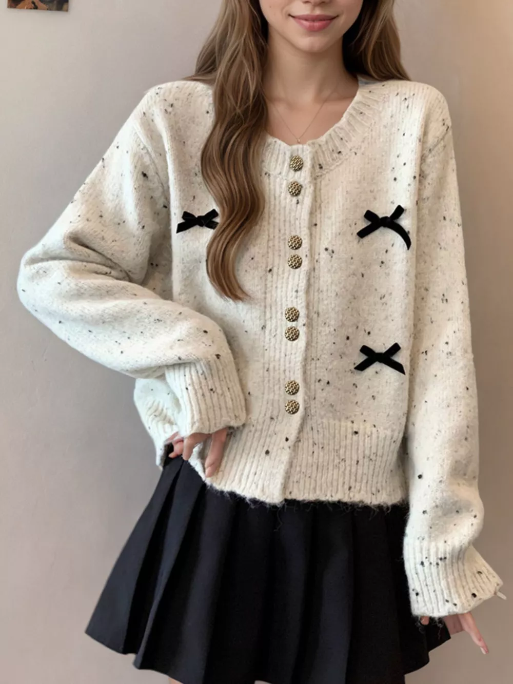 Bow Button Up Ribbed Hem Cardigan, image 3
