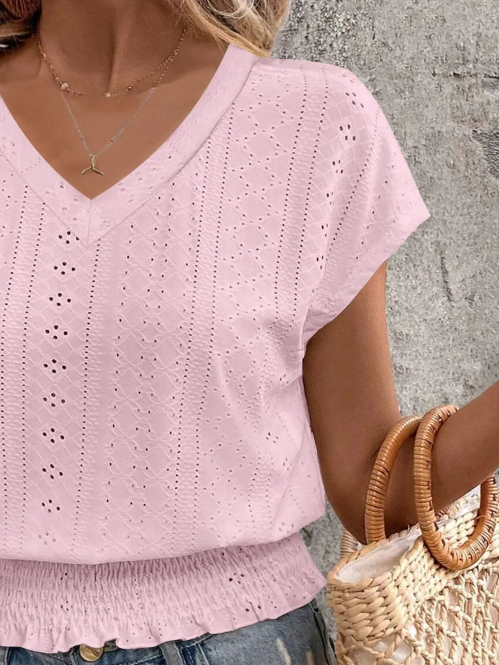 Eyelet V-Neck Short Sleeve Blouse, image 10