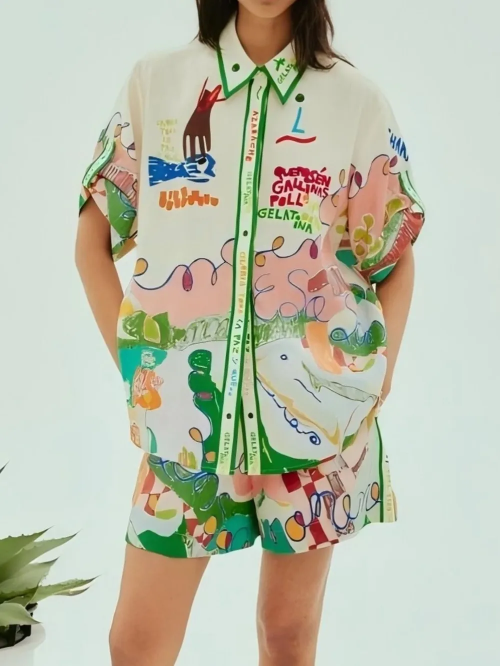 Printed Button Up Shirt and Shorts Set, image 2