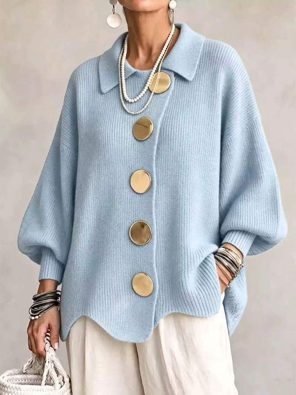 Full Size Gold Buttons Lantern Sleeve Cardigan Plus Size, image 4