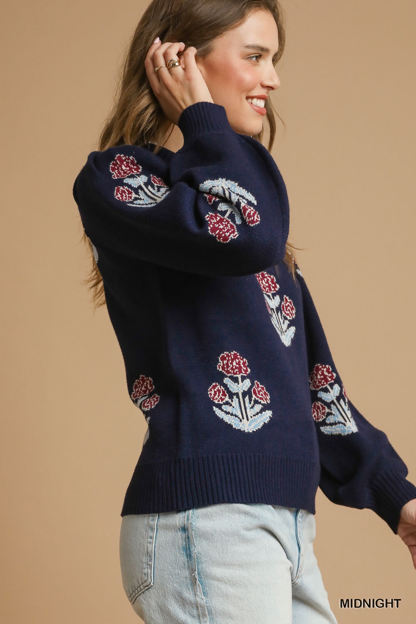 Floral Knit Sweater with Puff Sleeves, image 2