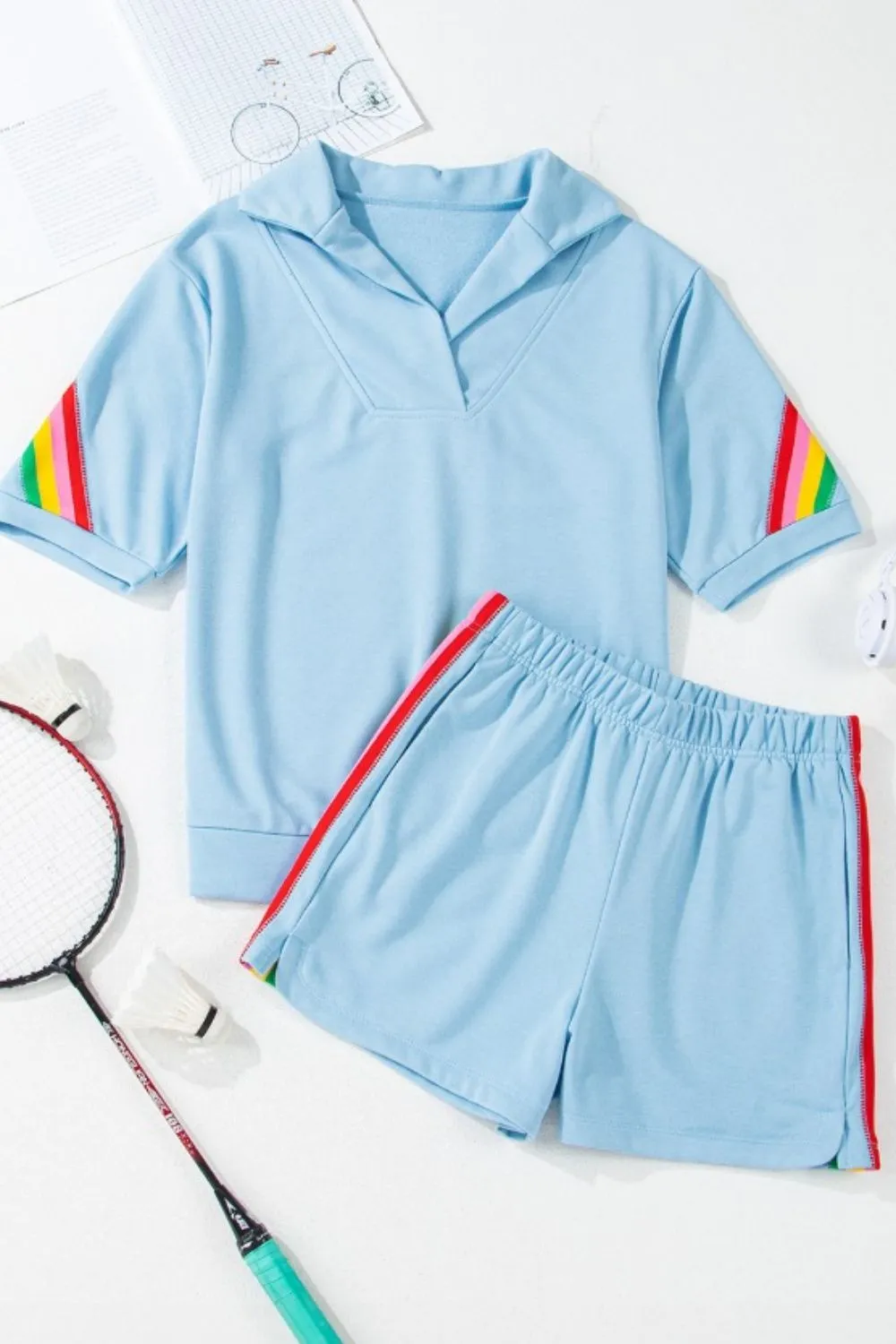 Rainbow Collared Short Sleeve Top and Shorts Set, image 3