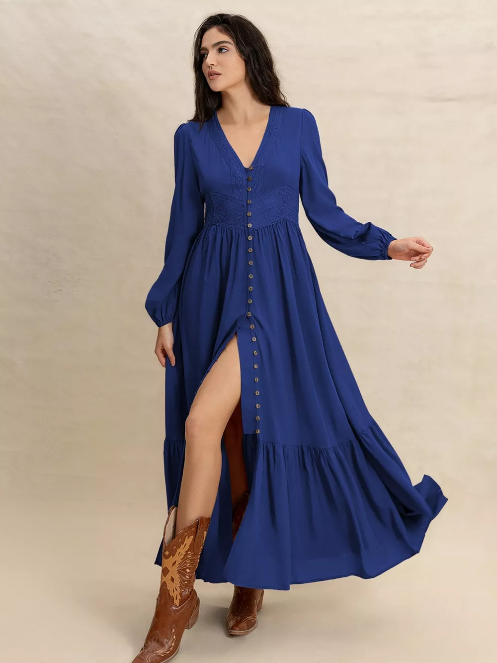 Plus Size Slit V-Neck Long Sleeve Maxi Dress, image 3