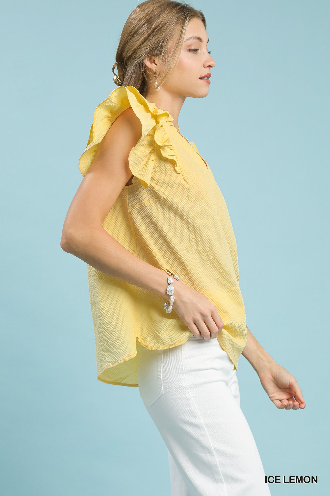Textured Ruffle Sleeve V-Neck Blouse, image 2