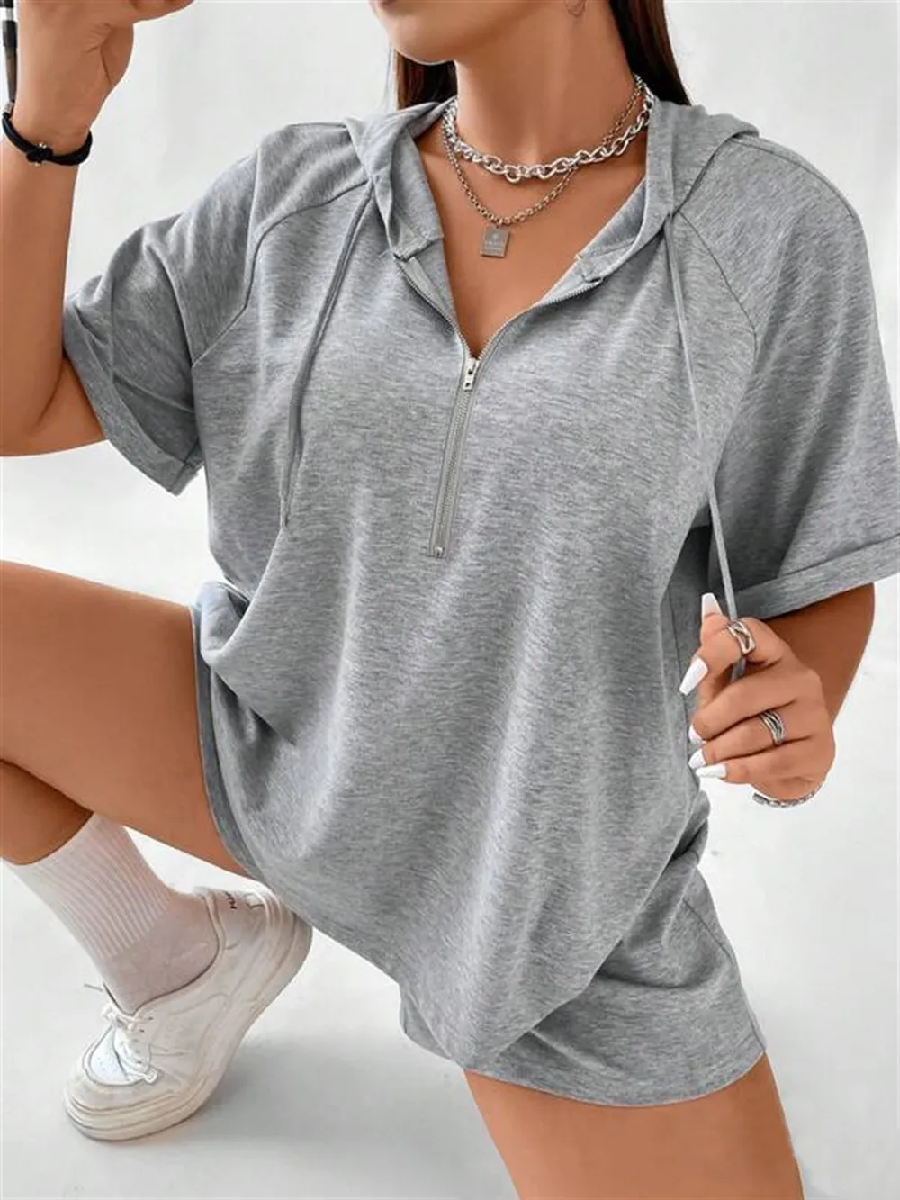Full Size Drawstring Half Zip Hooded Top and Shorts Set Plus Size, image 2