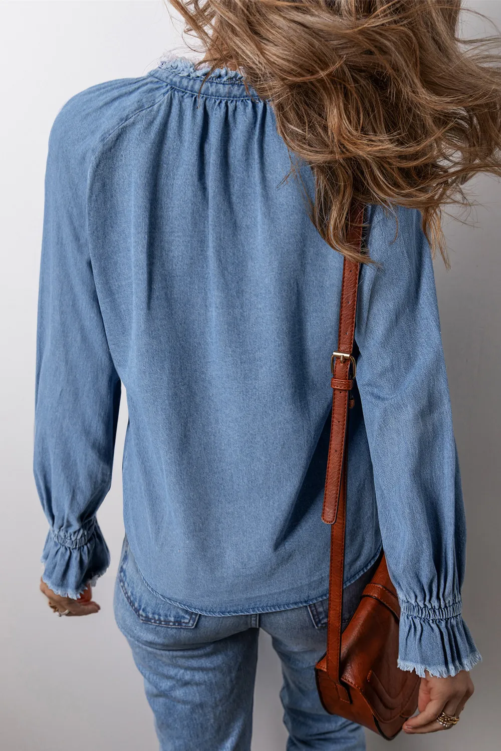 Half Button Long Sleeve Denim Top, image 3