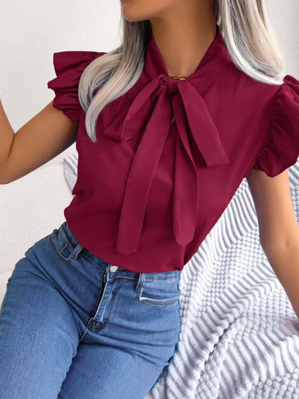 Bow Tie Ruffle Sleeve Blouse, image 2