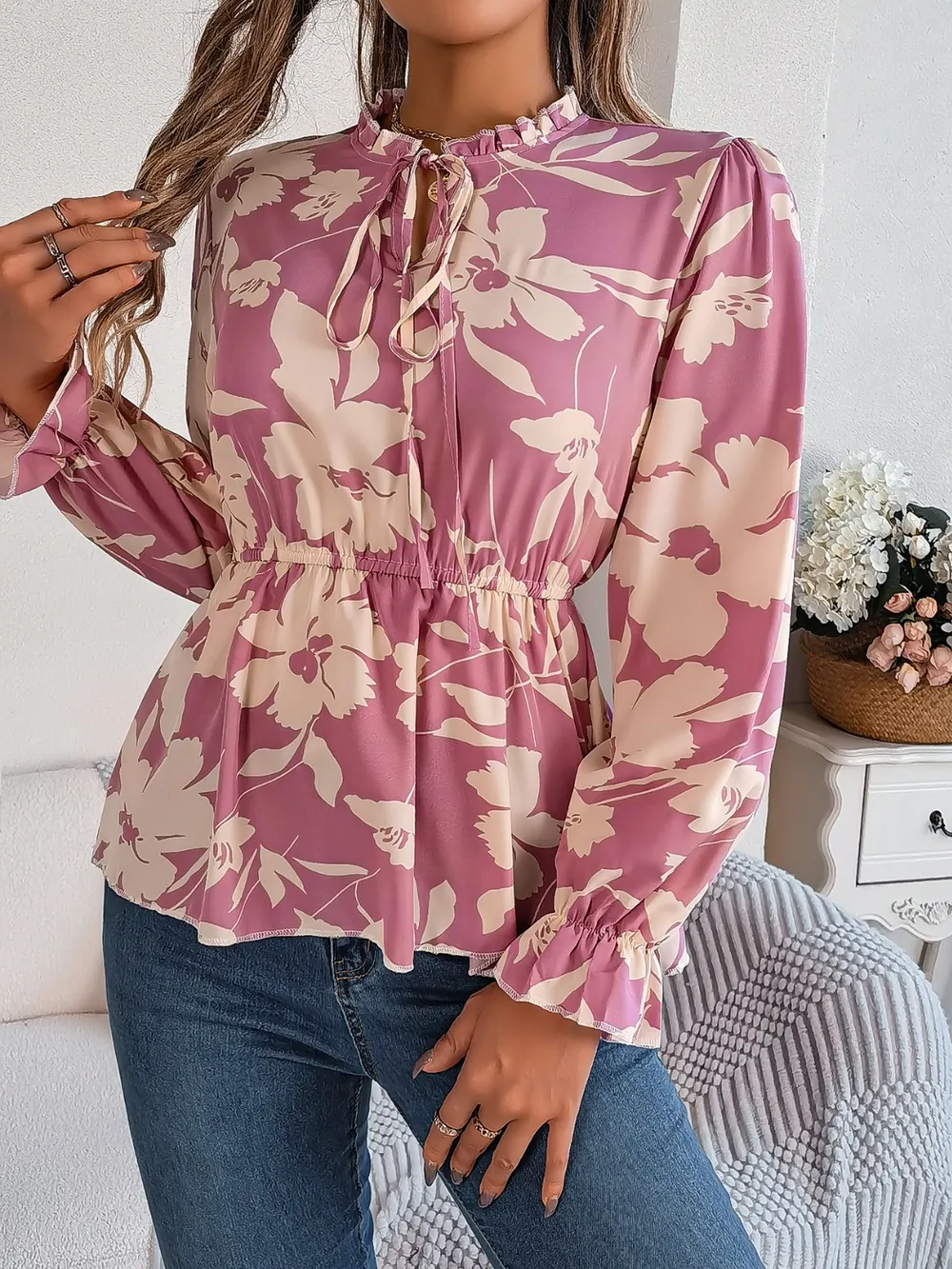 Printed Tie Neck Flounce Sleeve Blouse, image 4