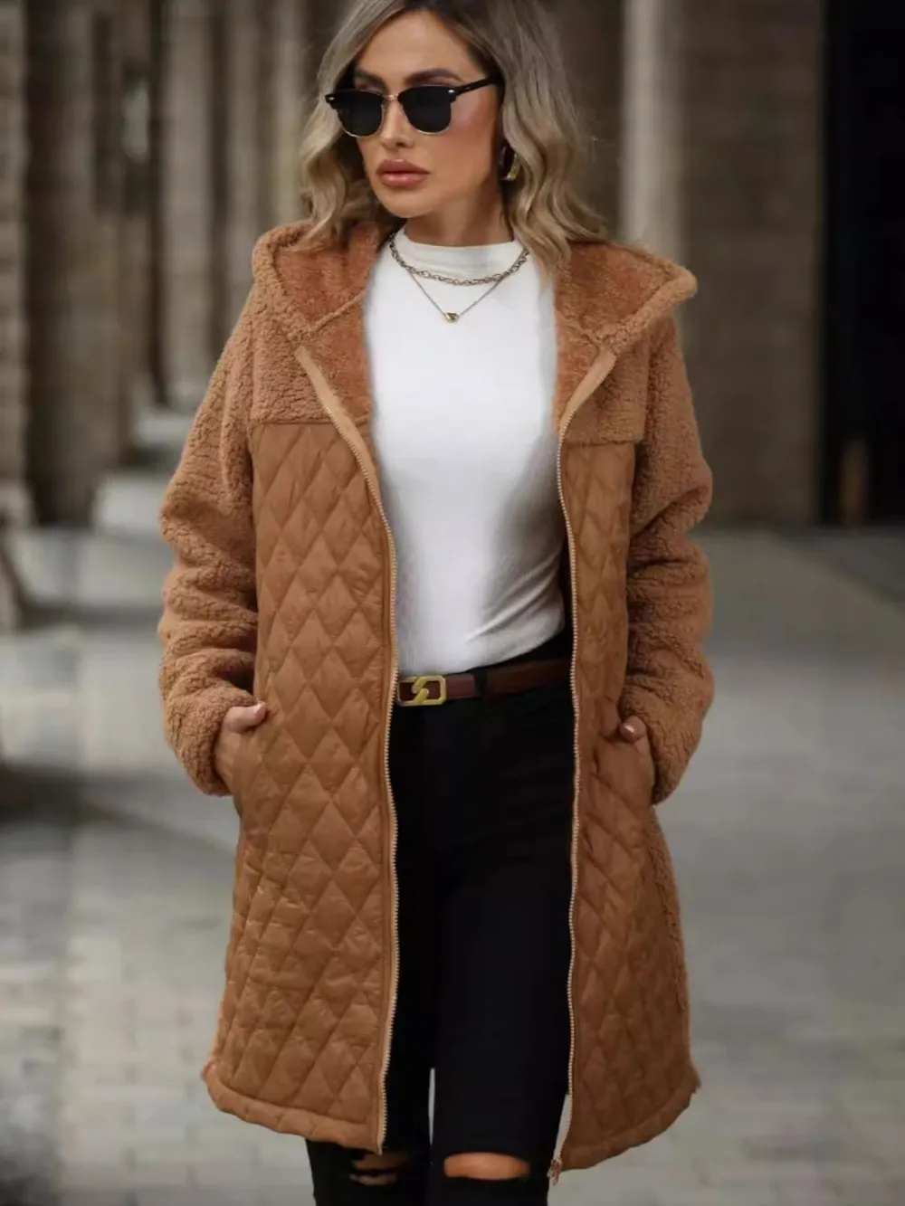 Texture Zip Up Long Sleeve Hooded Coat, image 3