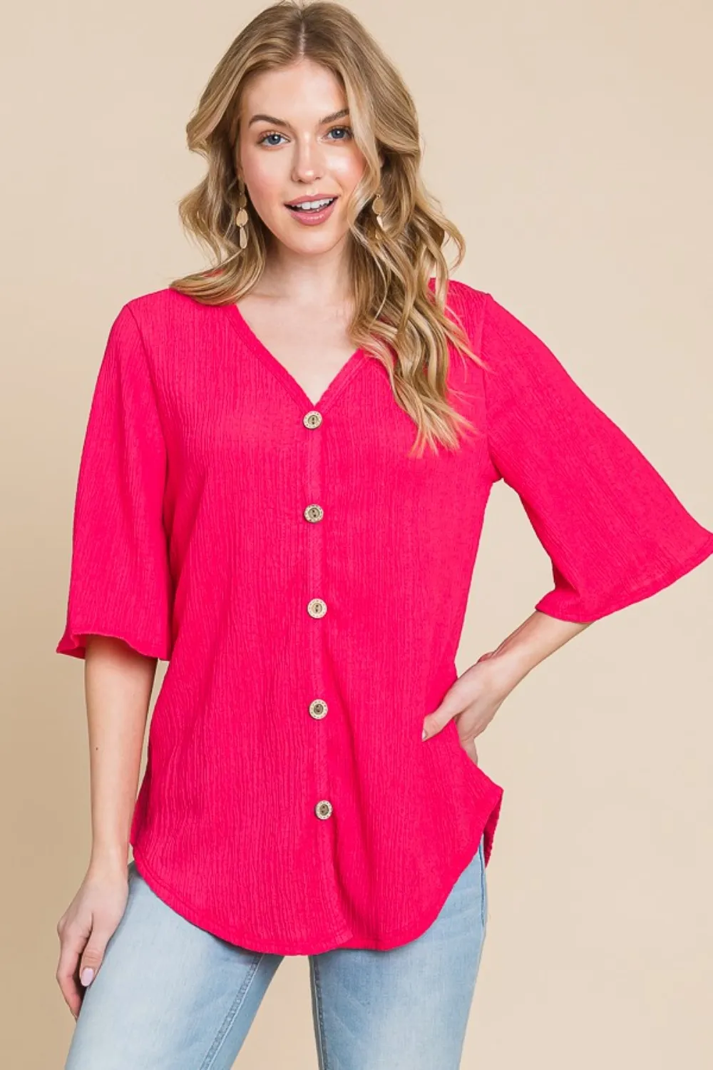 Texture Decorative Button V-Neck Top, image 3