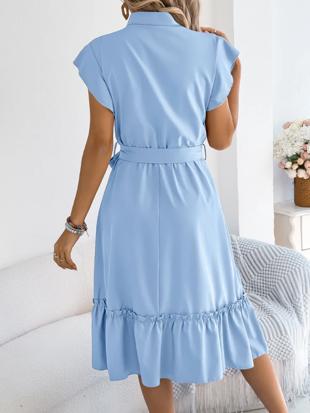 Tie Waist Ruffled Cap Sleeve Dress, image 3