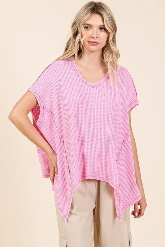 Mineral Wash Waffle Knit Pointed Hem Oversized Top, image 4