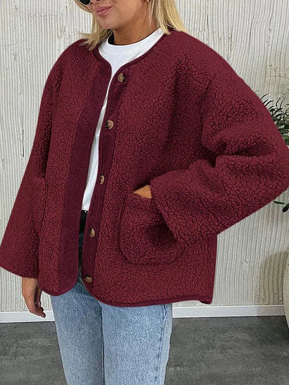Contrast Button Up Sherpa Jacket with Pockets, image 24