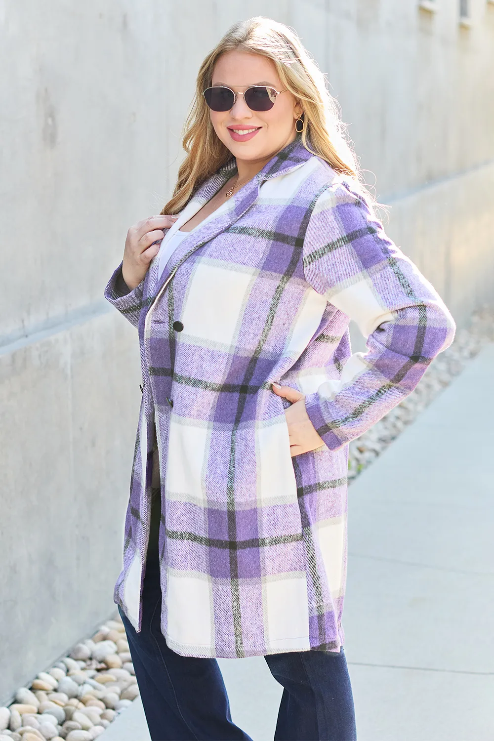 Full Size Plaid Button Up Lapel Collar Coat, image 30