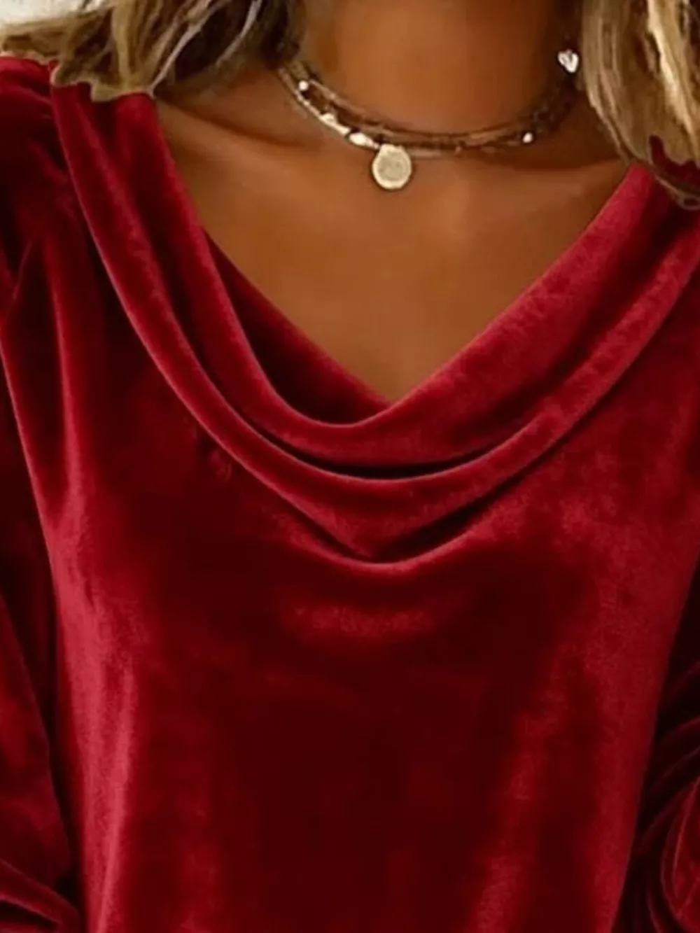 Velvet Cowl Neck Long Sleeve T-Shirt, image 2