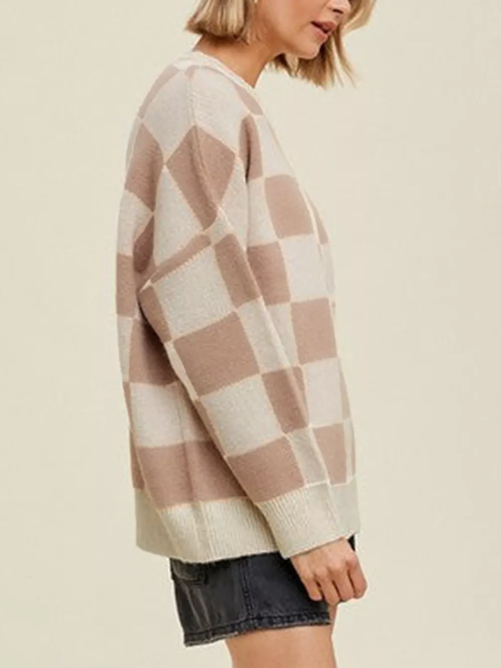 Checkered Pattern Ribbed Trim Knit Baggy Sweater, image 3