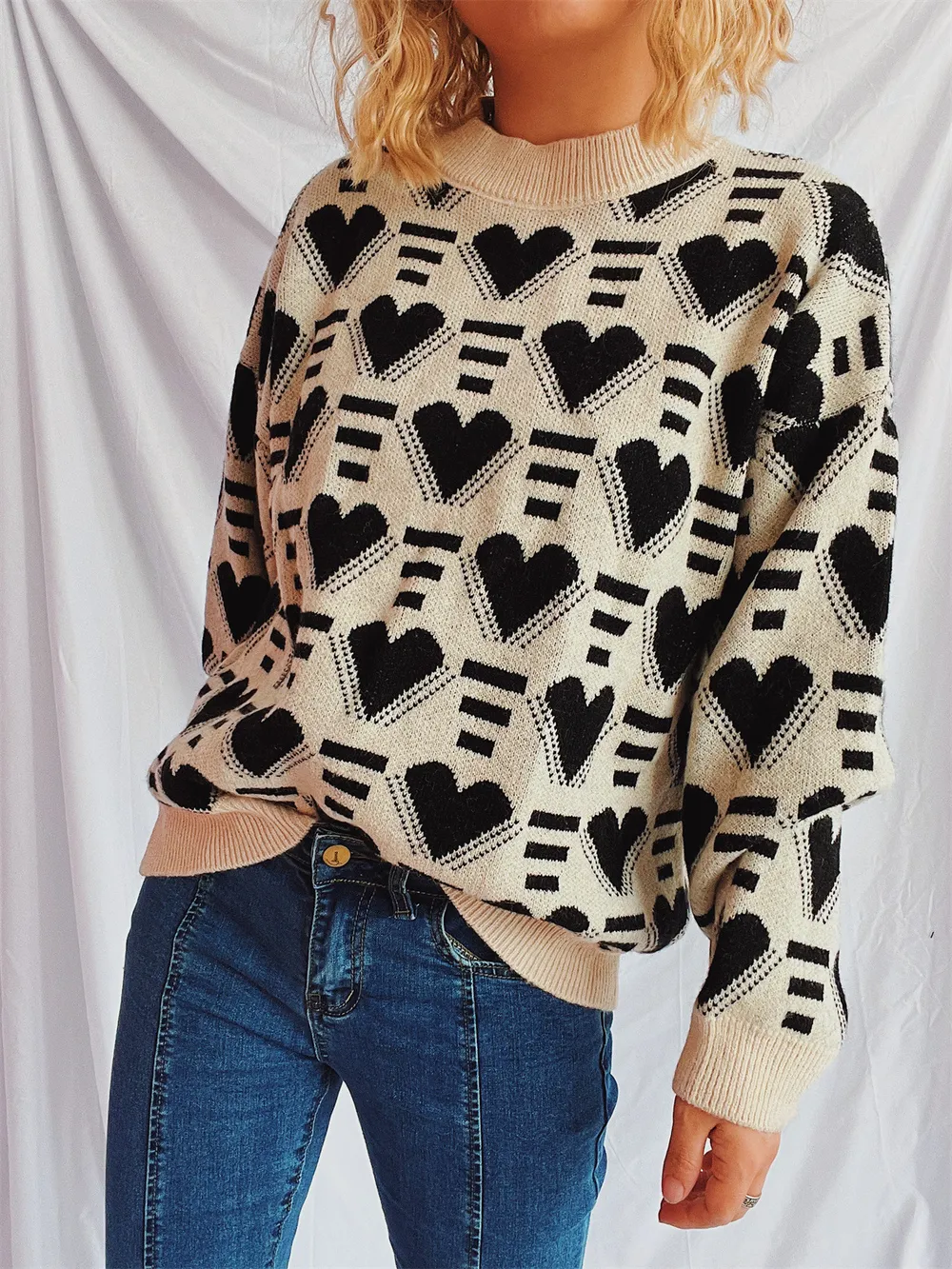 Heart Contrast Long Sleeve Dropped Shoulder Sweater, image 28