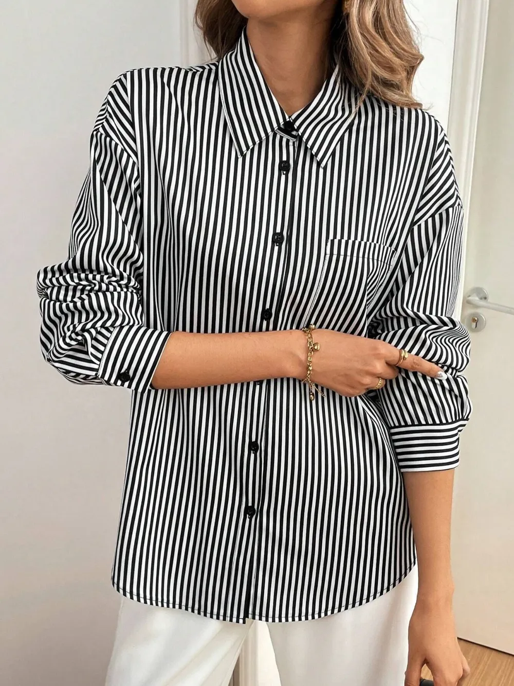 Cutout Bow Back Striped Collared Neck Long Sleeve Shirt, image 5
