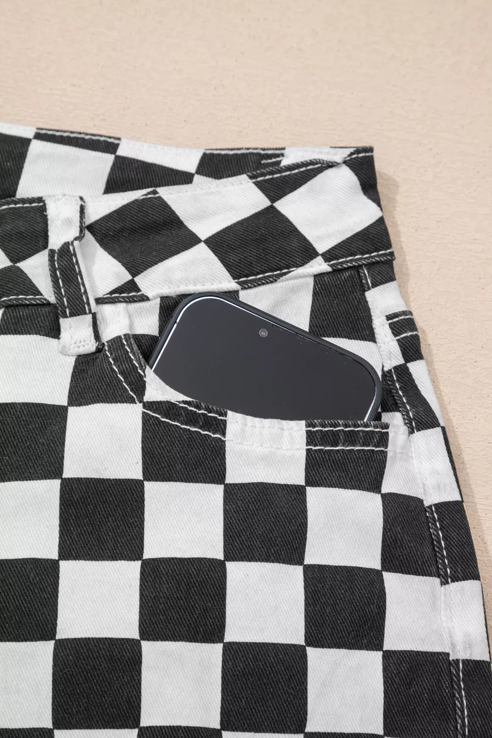 Checkerboard Print Distressed Holes Raw Edge Cropped Jeans, image 8