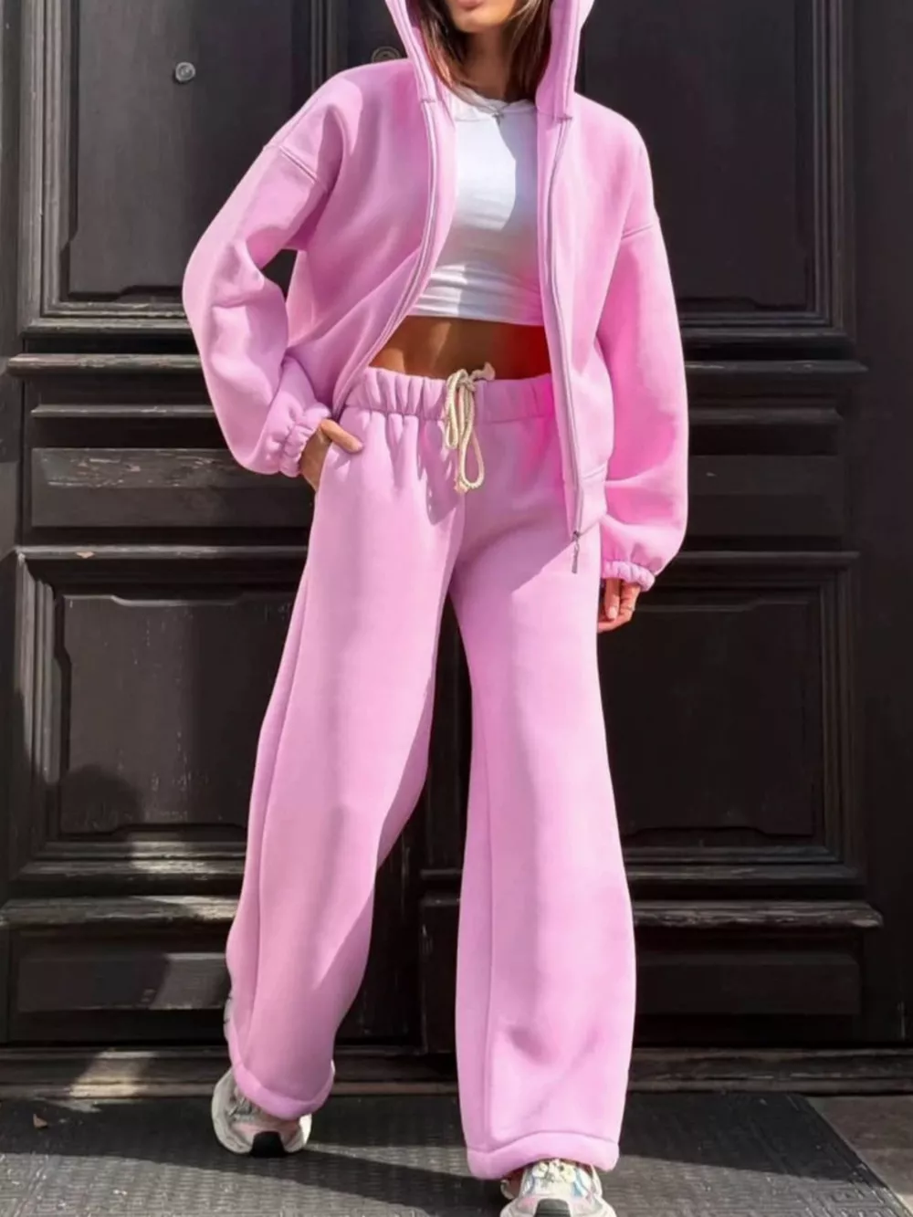 Zip-Up Hoodie and Wide-Leg Sweatpants Set, image 3