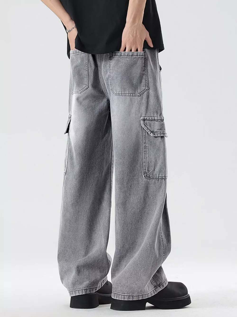 Men's Plus Size Wash Wide Leg Cargo Jeans, image 2