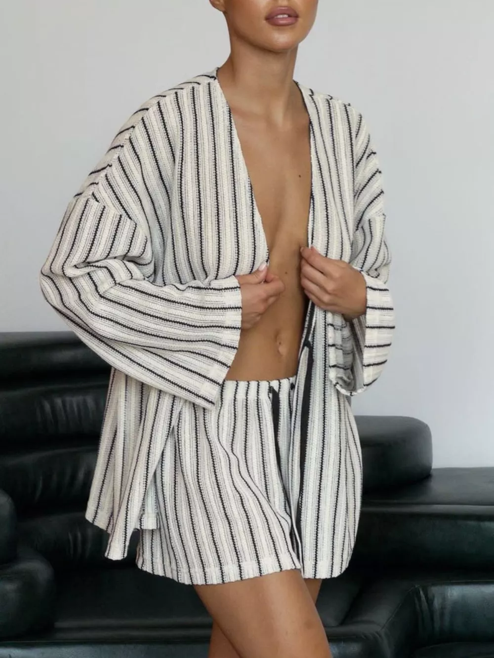 Striped Tie Front Top and Shorts Lounge Set, image 4