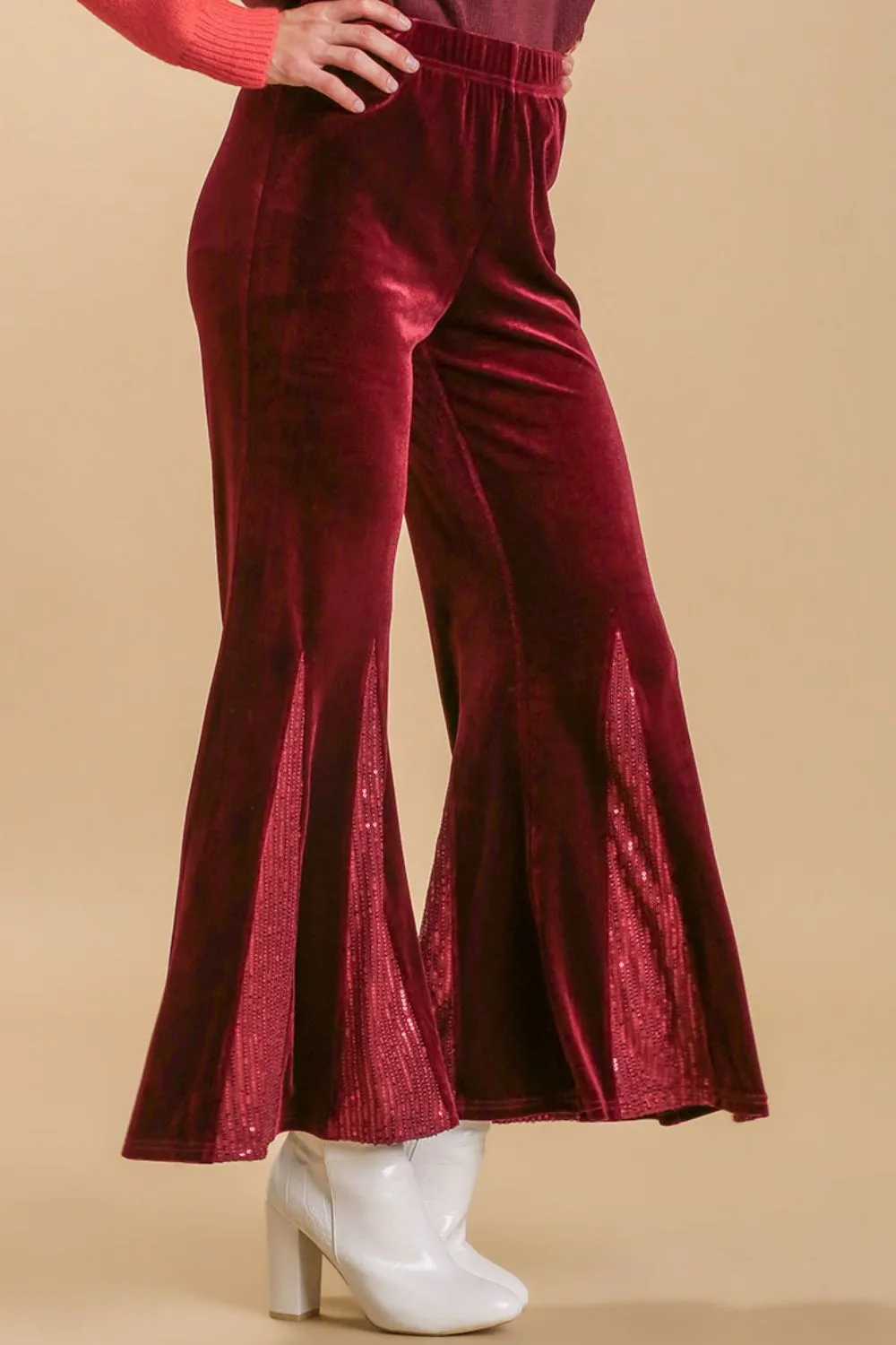 Full Size Sequin Elastic Waist Velvet Stretch Flare Leg Pants Plus Size