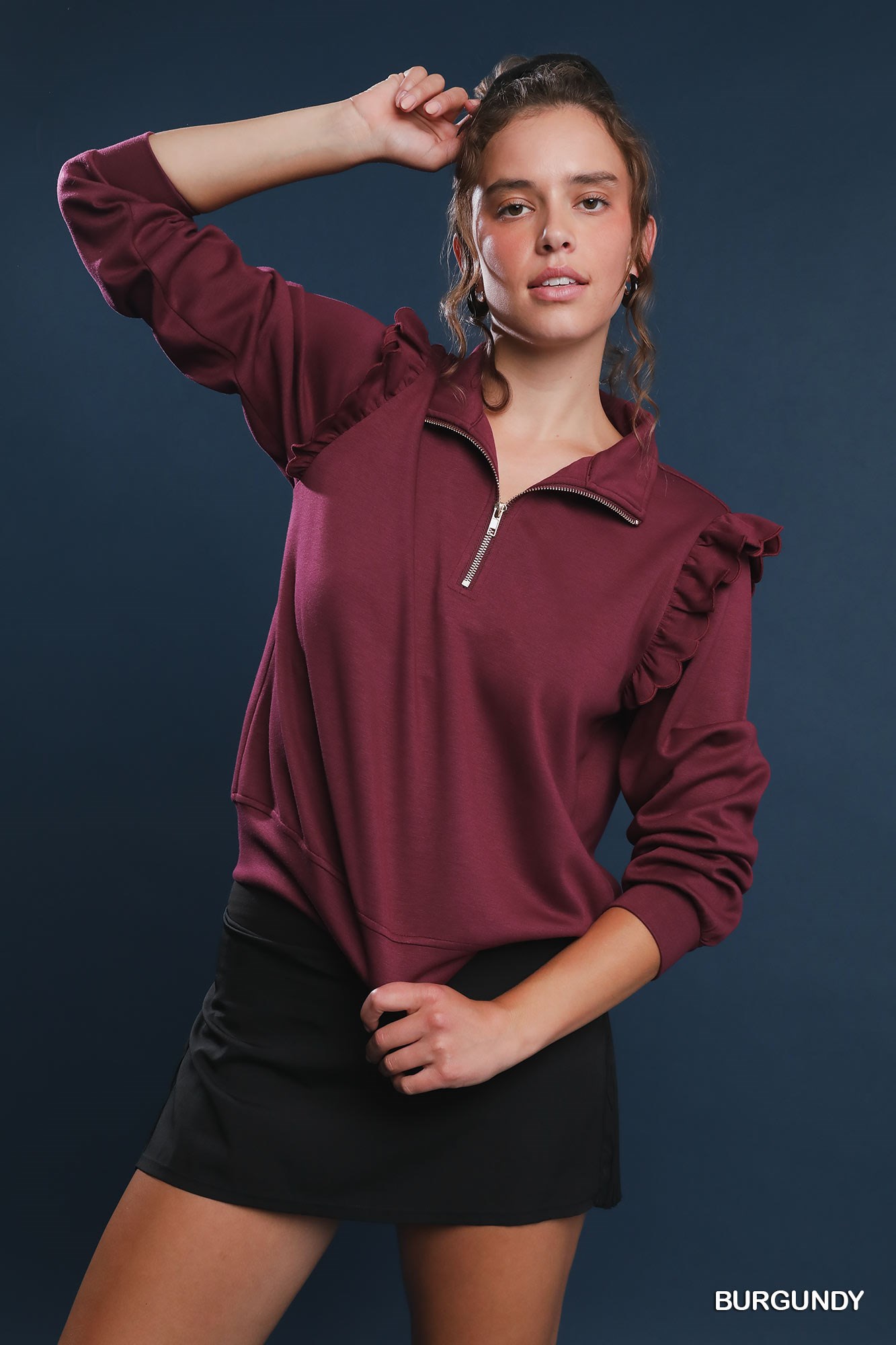 Luxeknit Ruffle Shoulder Quarter-Zip Sweatshirt