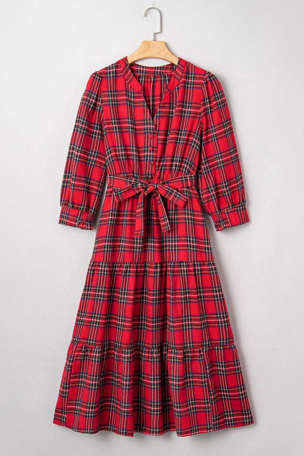Christmas Plaid V Neck 3/4 Sleeve Tie Waist Ruffle Hem Midi Dress, image 9