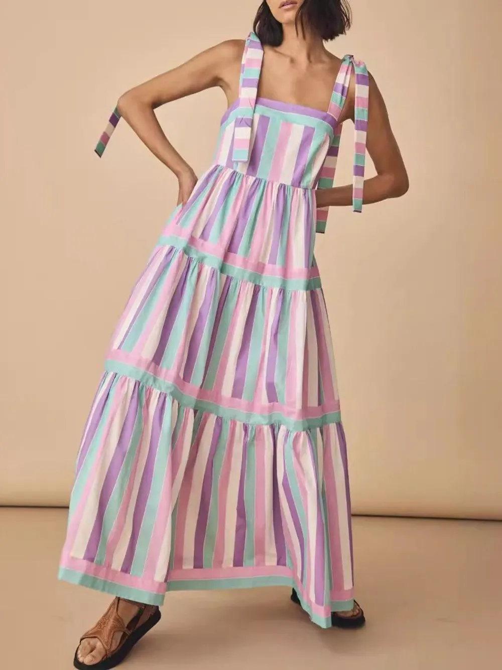 Striped Tiered Maxi Summer Dress with Bow Shoulder Ties, image 4