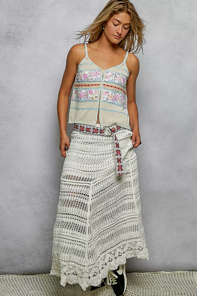Printed Contrast Button Down Cami with Trim Detail and Blanket Stitch, image 7