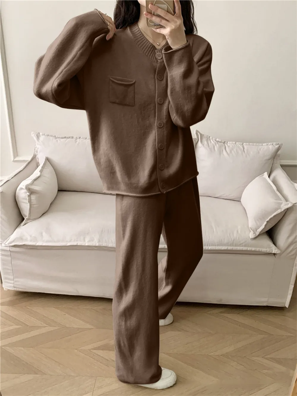 Pocketed Round Neck Button Up Cardigan and Pants Sweater Set, image 14