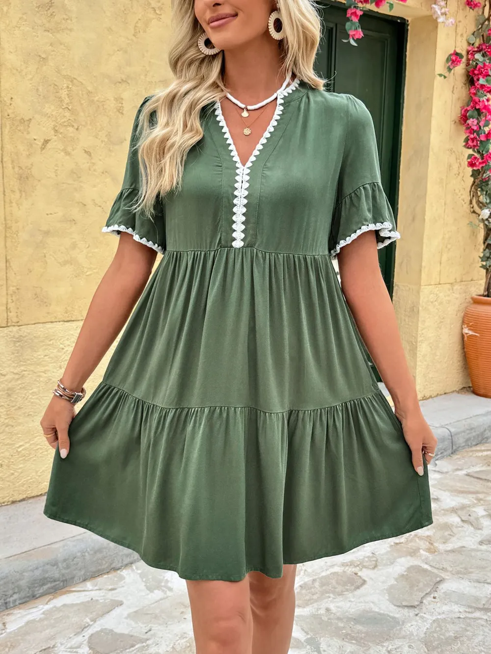 Lace Detail Notched Flounce Sleeve Mini Dress, image 2