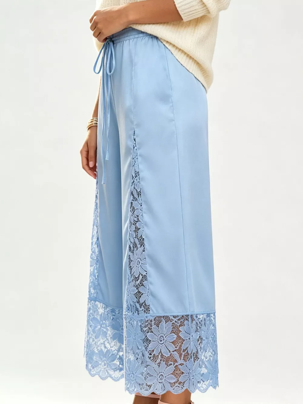 Lace Trim Wide-Leg Cropped Pants, image 3