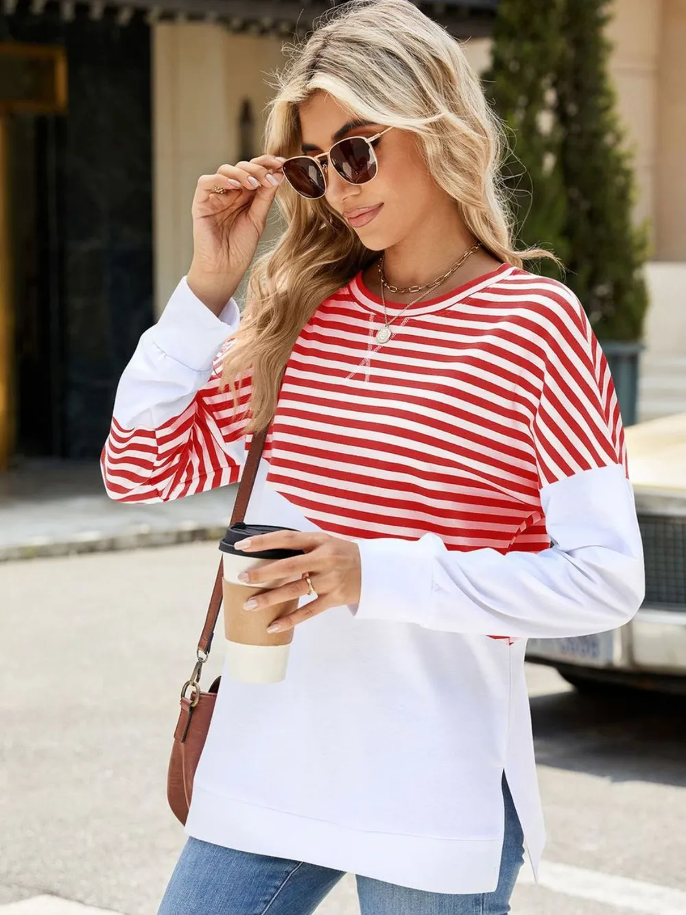 Slit Contrast Striped Long Sleeve Sweatshirt, image 7
